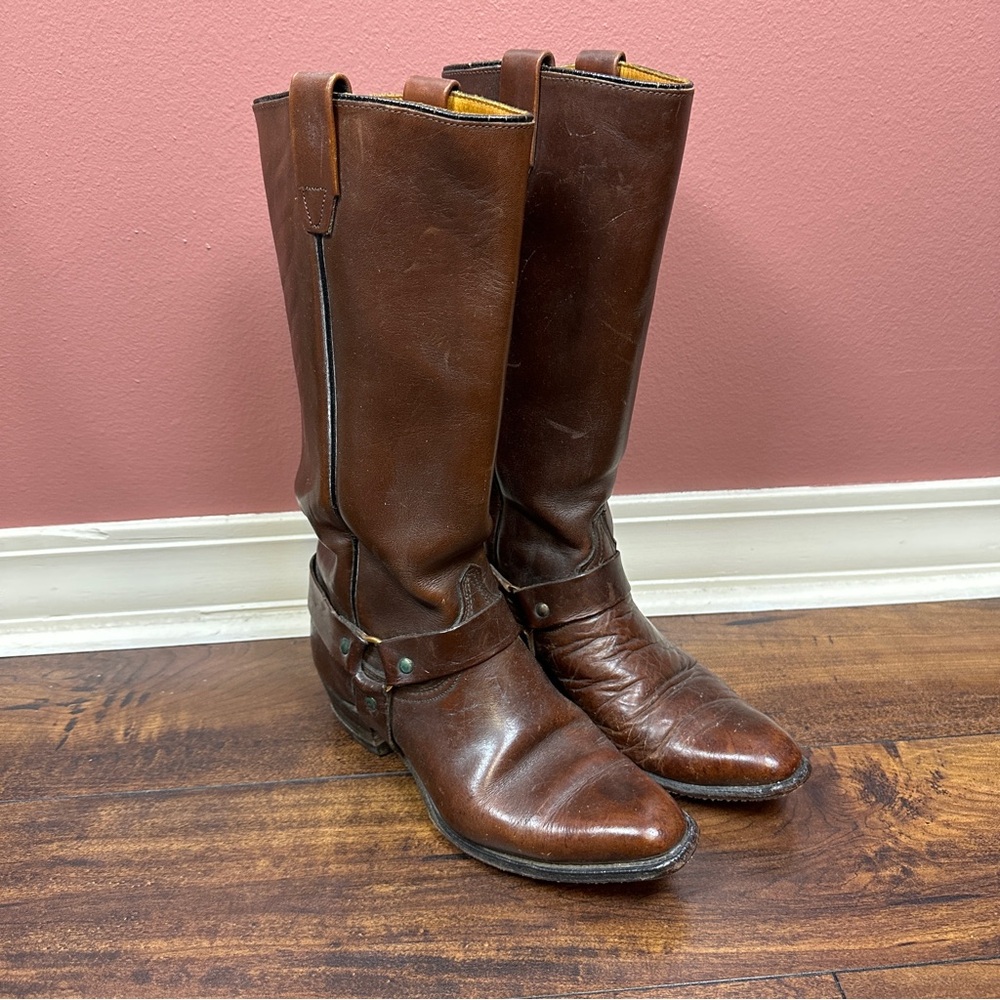 Wrangler cowboy heeled boots dark brown leather with buckle size 6.5 made in USA